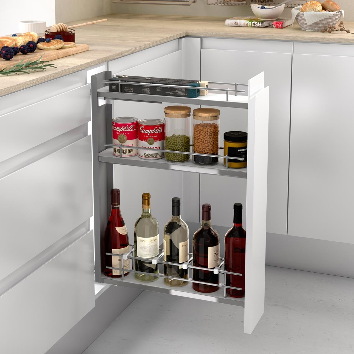 Línea COMPACT - Botellero especiero extraíble de guías laterales con base blanca y 3 bandejas